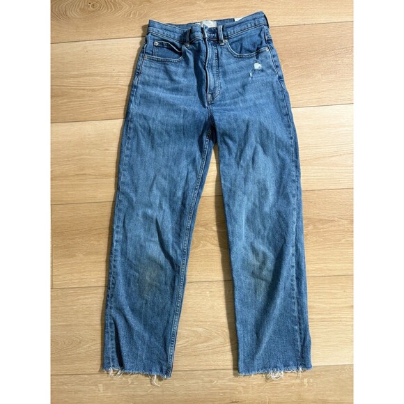 Everlane Denim - EVERLANE Women's High Waisted Straight Leg Jean 26 Regular Blue Denim Raw Hem